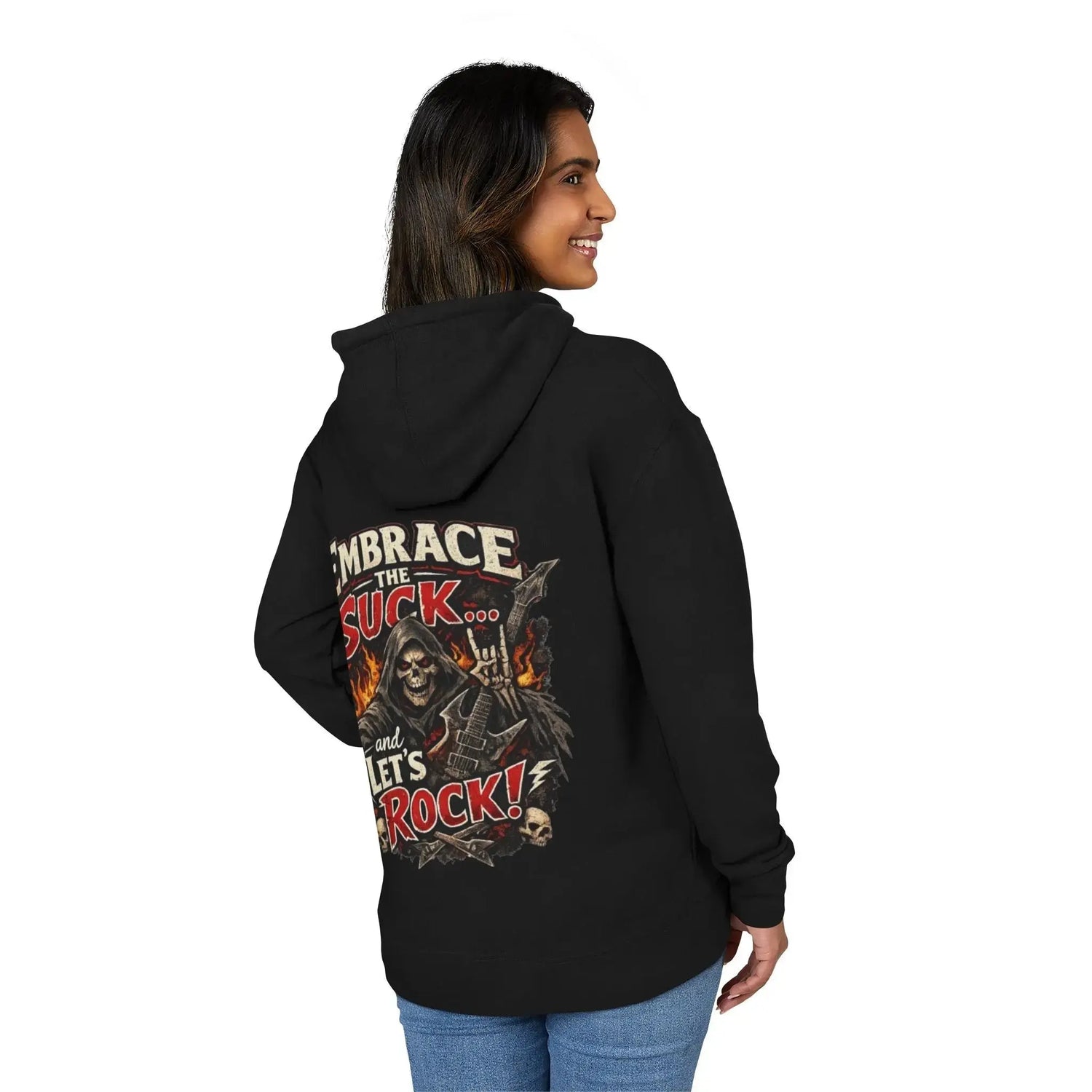 Black unisex hoodie with "Embrace The Suck" print, made by Printify, shown on a plain background.