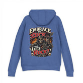 Black unisex hoodie from Printify featuring the "Embrace The Suck" design, shown on a model with front view.