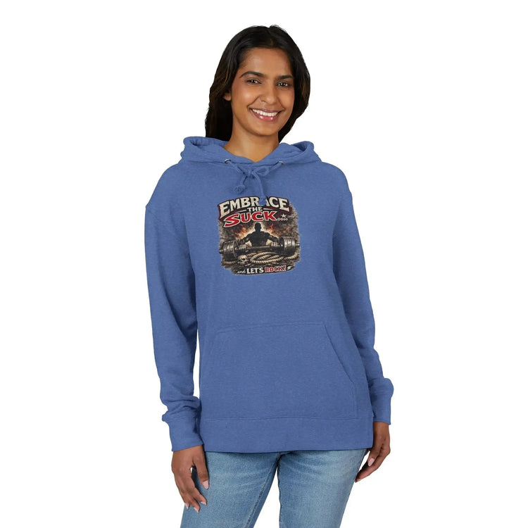 Black unisex hoodie from Printify featuring the "Embrace The Suck" design on the front, casual and comfortable fit.