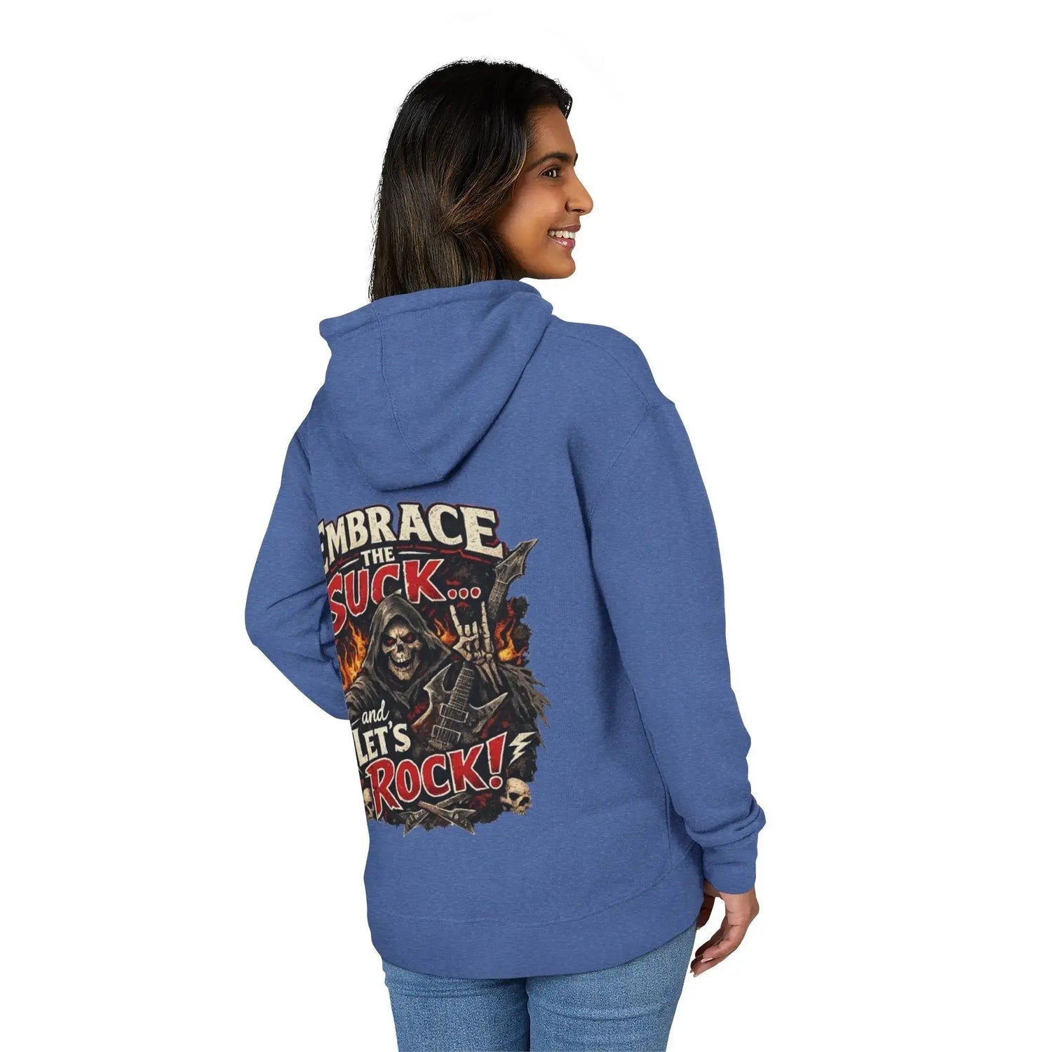 Black unisex hoodie with "Embrace The Suck" print, featuring a comfortable fit and casual style from Printify.