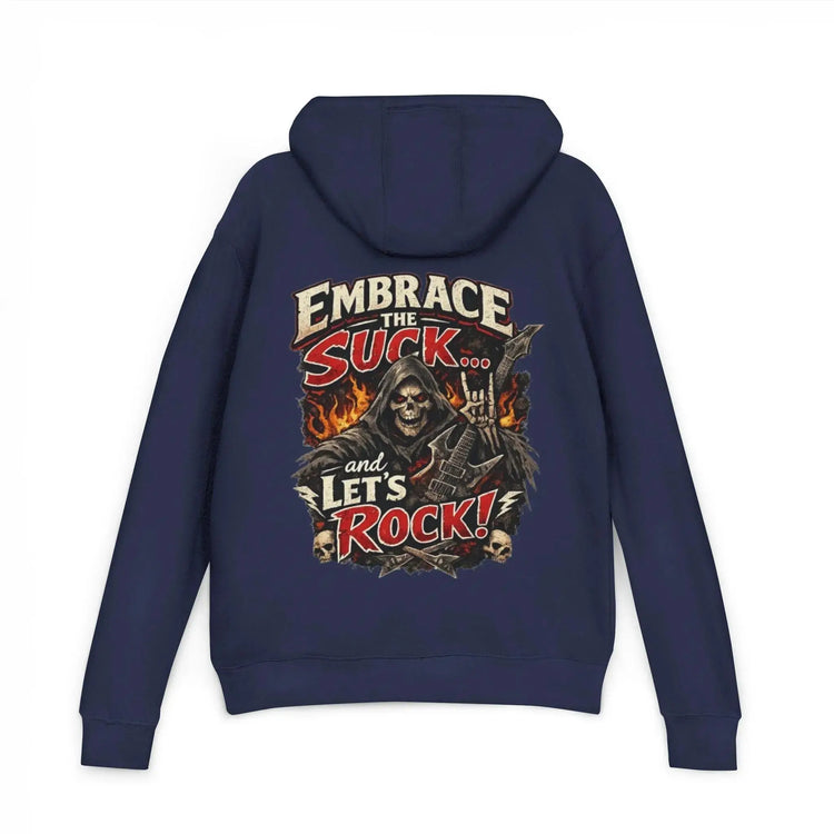 Black unisex hoodie with "Embrace The Suck" graphic from Printify, featuring a comfortable fit and casual style.