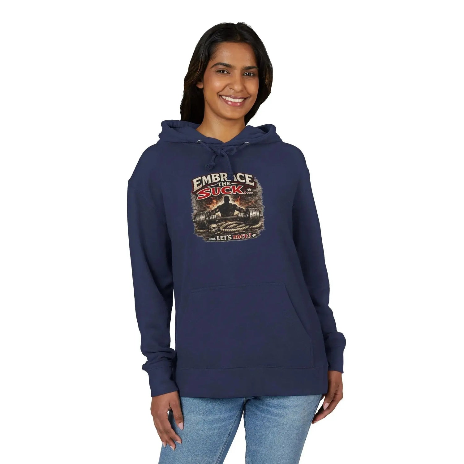 Black unisex hoodie from Printify featuring the "Embrace The Suck" design, shown on a flat lay with front view.