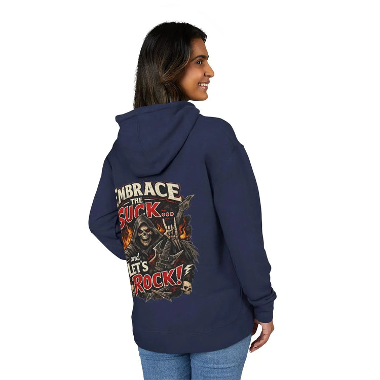 Black unisex hoodie from Printify featuring the "Embrace The Suck" design, shown laid flat with front view.