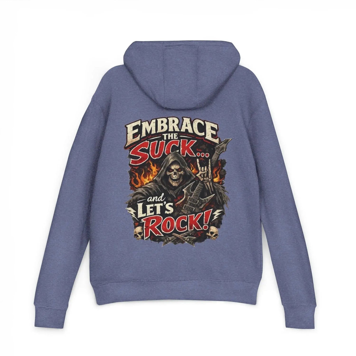 Black unisex hoodie with "Embrace The Suck" print from Printify, shown on a flat surface.