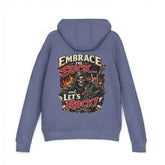 Black unisex hoodie with "Embrace The Suck" print from Printify, shown on a flat surface.