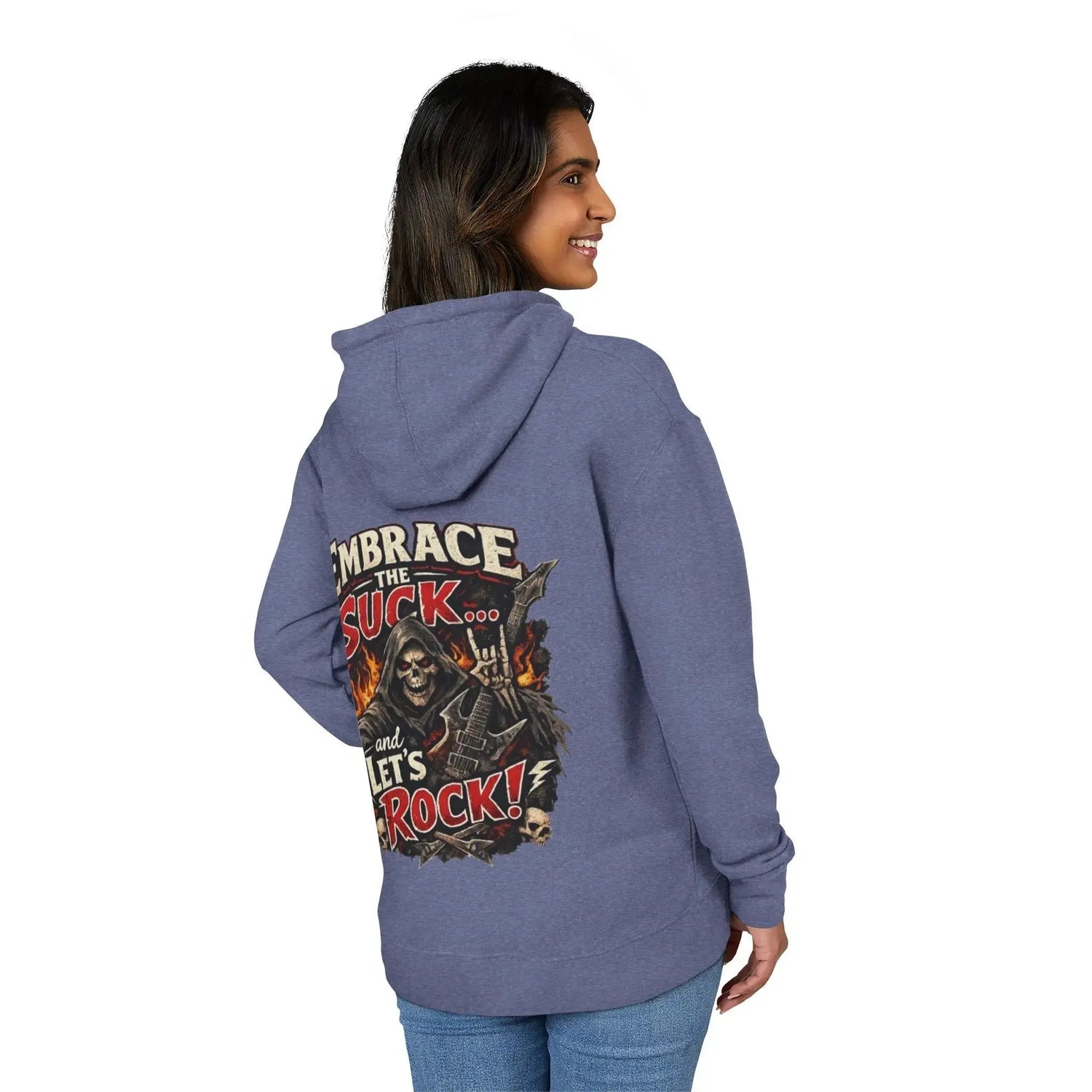 Black unisex hoodie by Printify featuring "Embrace The Suck" design, shown on a model with a relaxed fit and casual style.