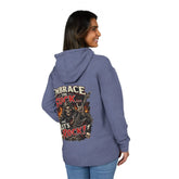 Black unisex hoodie by Printify featuring "Embrace The Suck" design, shown on a model with a relaxed fit and casual style.