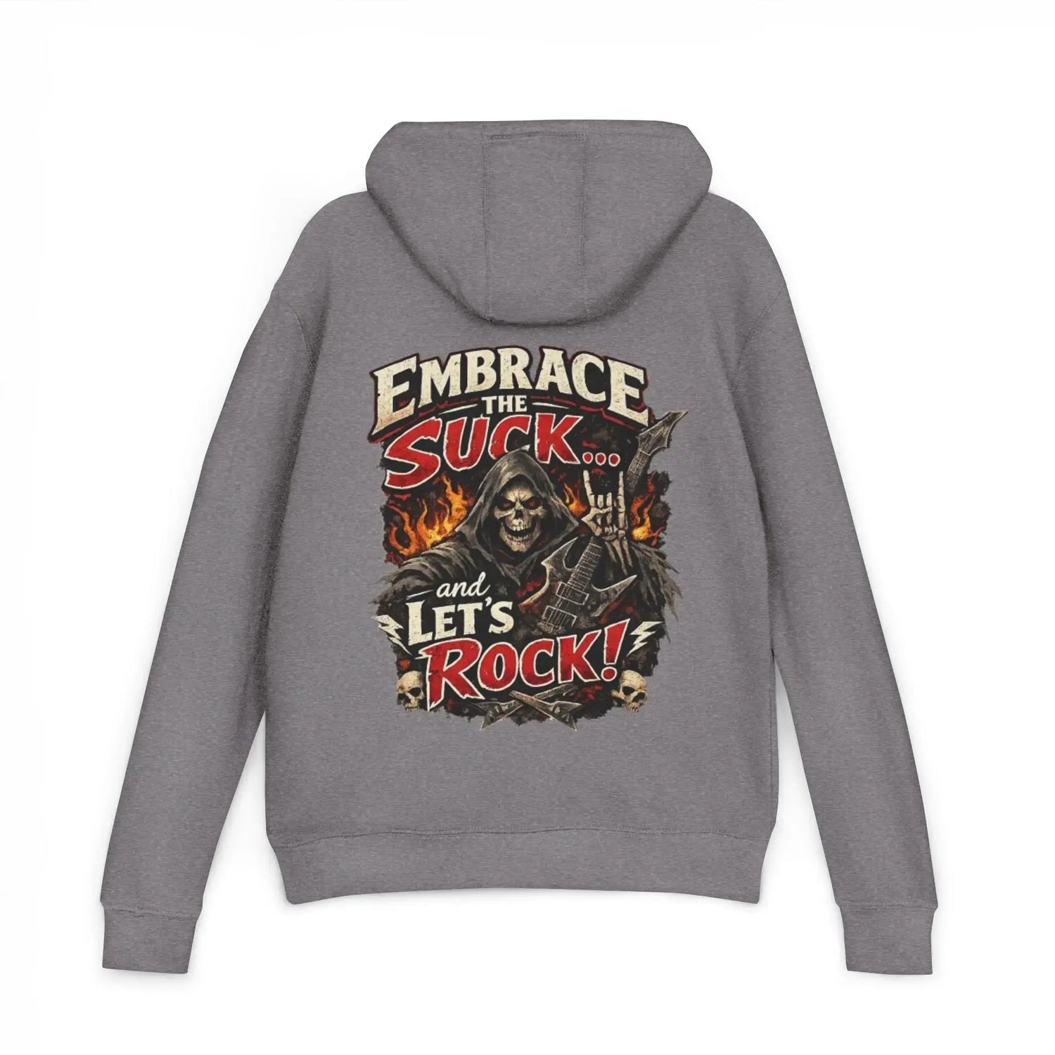 Black unisex hoodie with "Embrace The Suck" print, made by Printify, shown on a plain background.