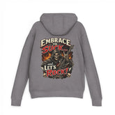 Black unisex hoodie with "Embrace The Suck" print, made by Printify, shown on a plain background.