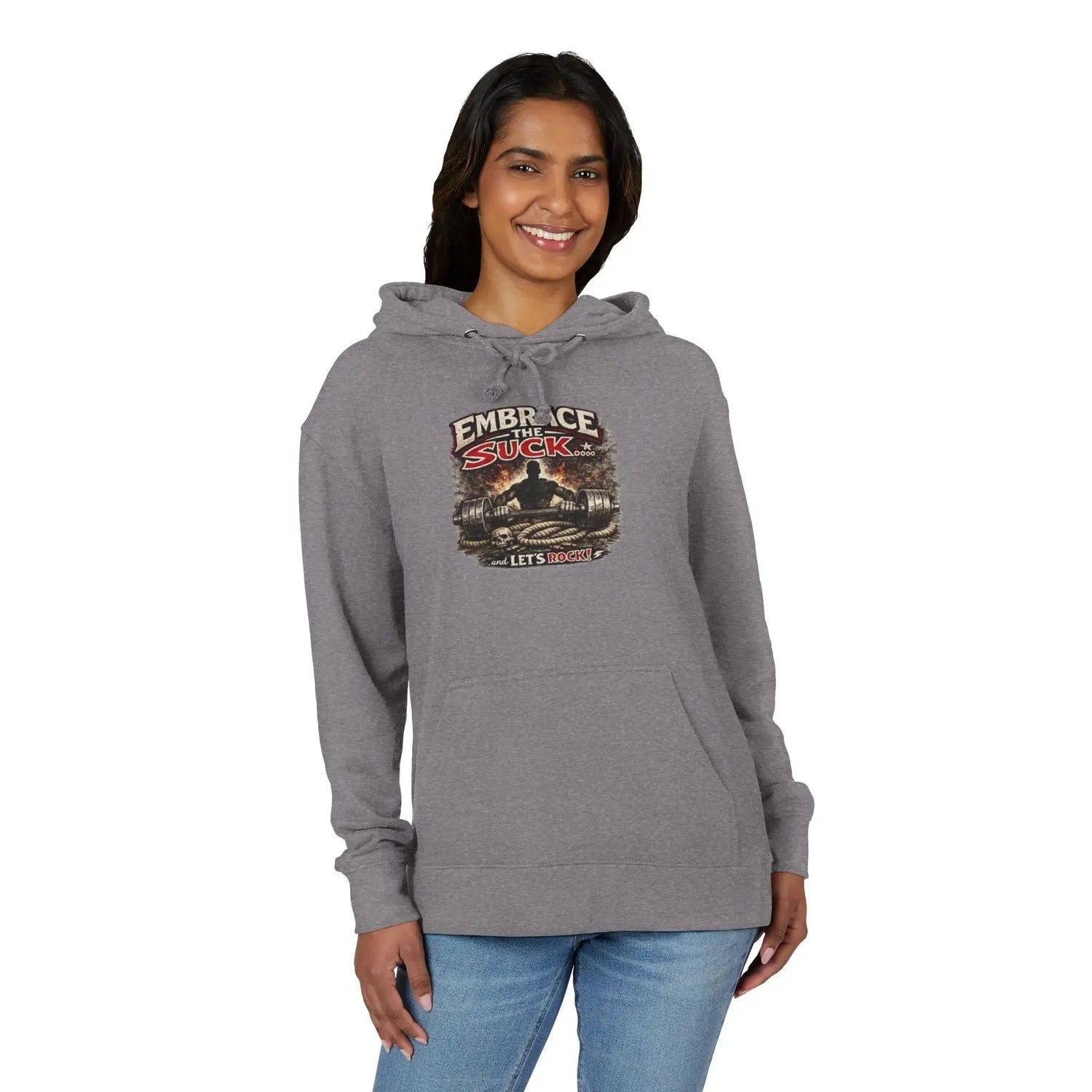 Black unisex hoodie from Printify with "Embrace The Suck" slogan, featuring a comfortable fit and casual style.