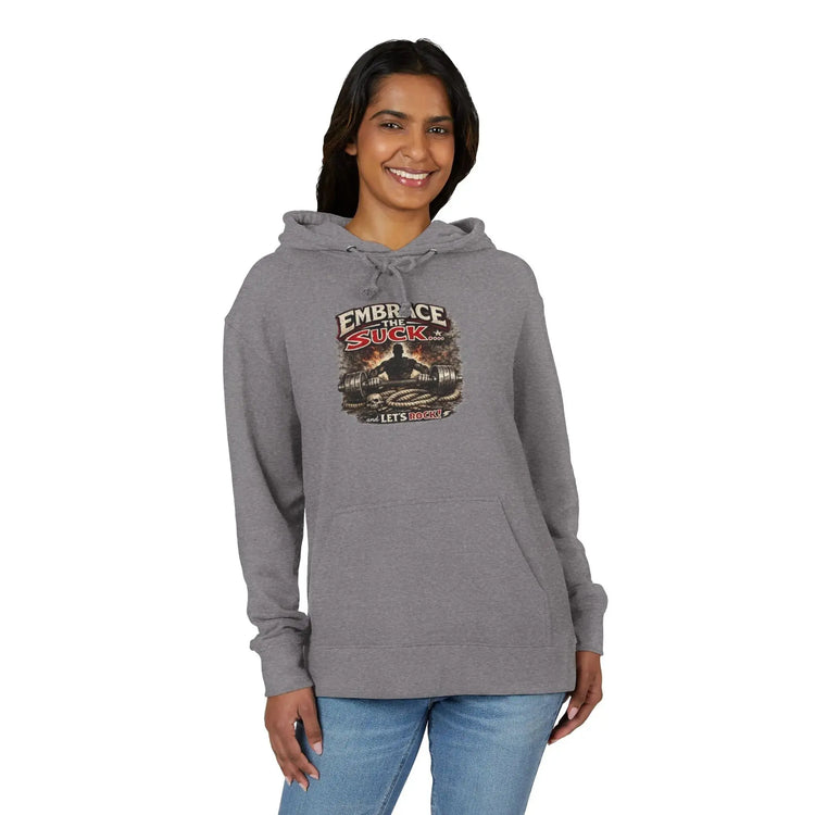 Black unisex hoodie from Printify with "Embrace The Suck" slogan, featuring a comfortable fit and casual style.