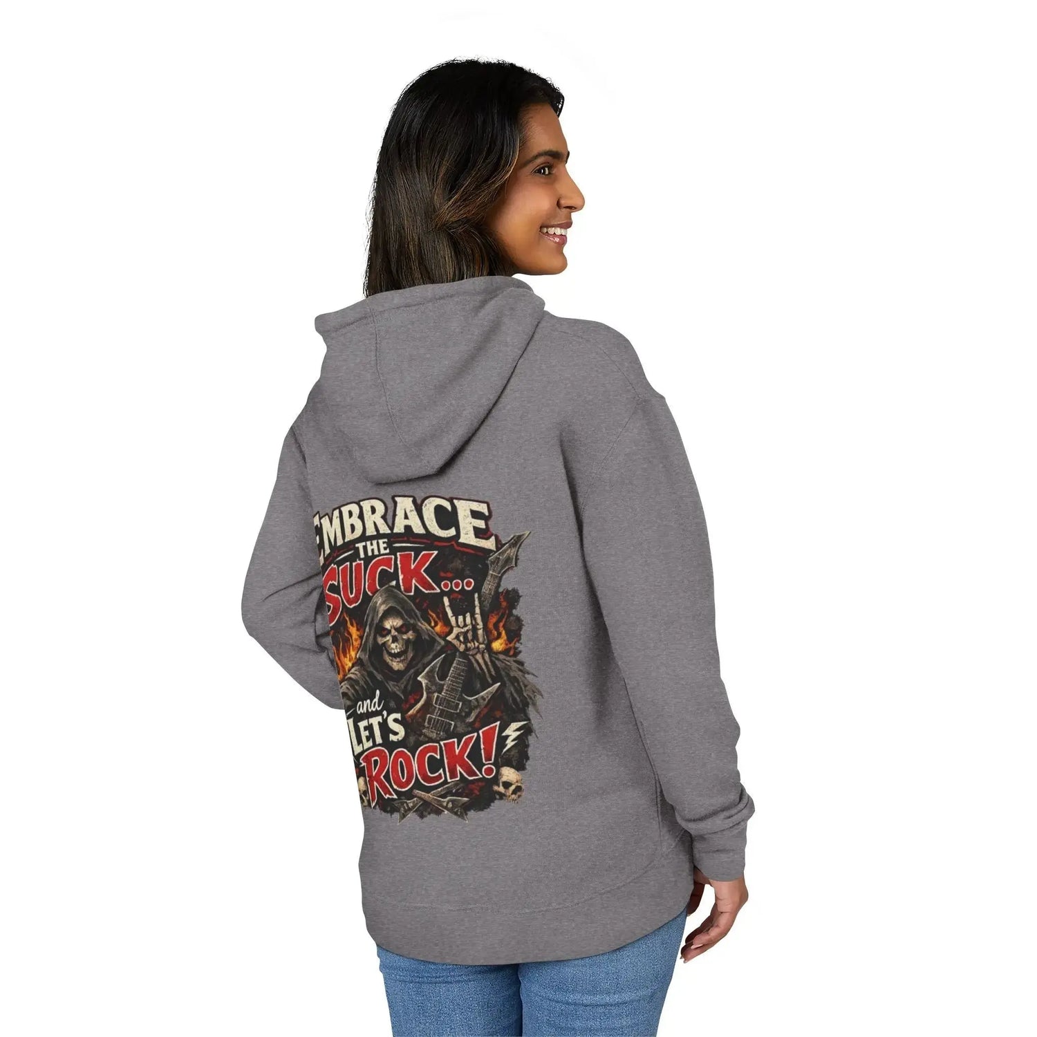 Black unisex hoodie with "Embrace The Suck" slogan by Printify, featuring a comfortable fit and casual style.