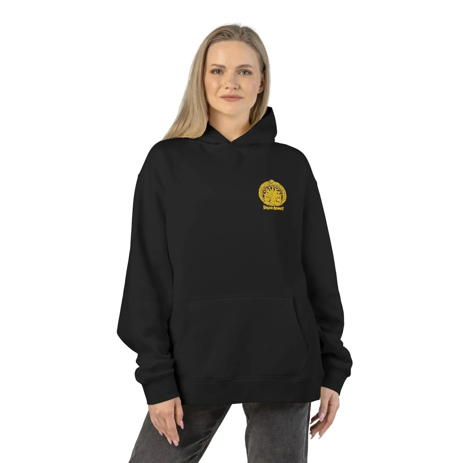Light heather gray Dum Addict Logo Relaxed Hoodie by Printify, featuring a casual fit and printed logo on the front.
