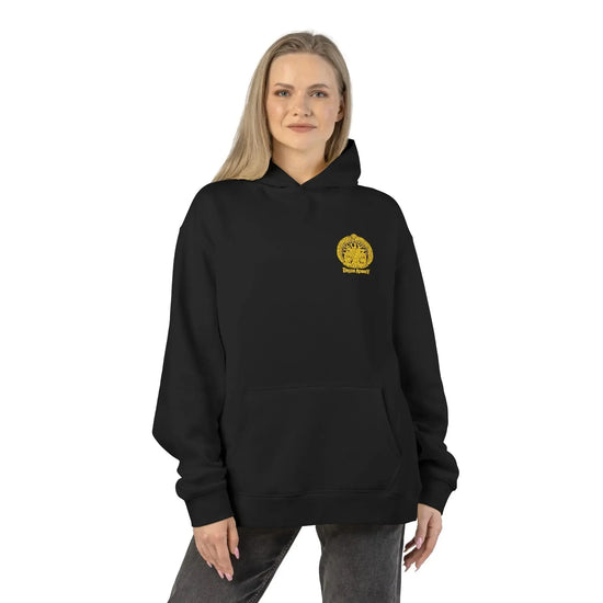 Light heather gray Dum Addict Logo Relaxed Hoodie by Printify, featuring a casual fit and printed logo on the front.