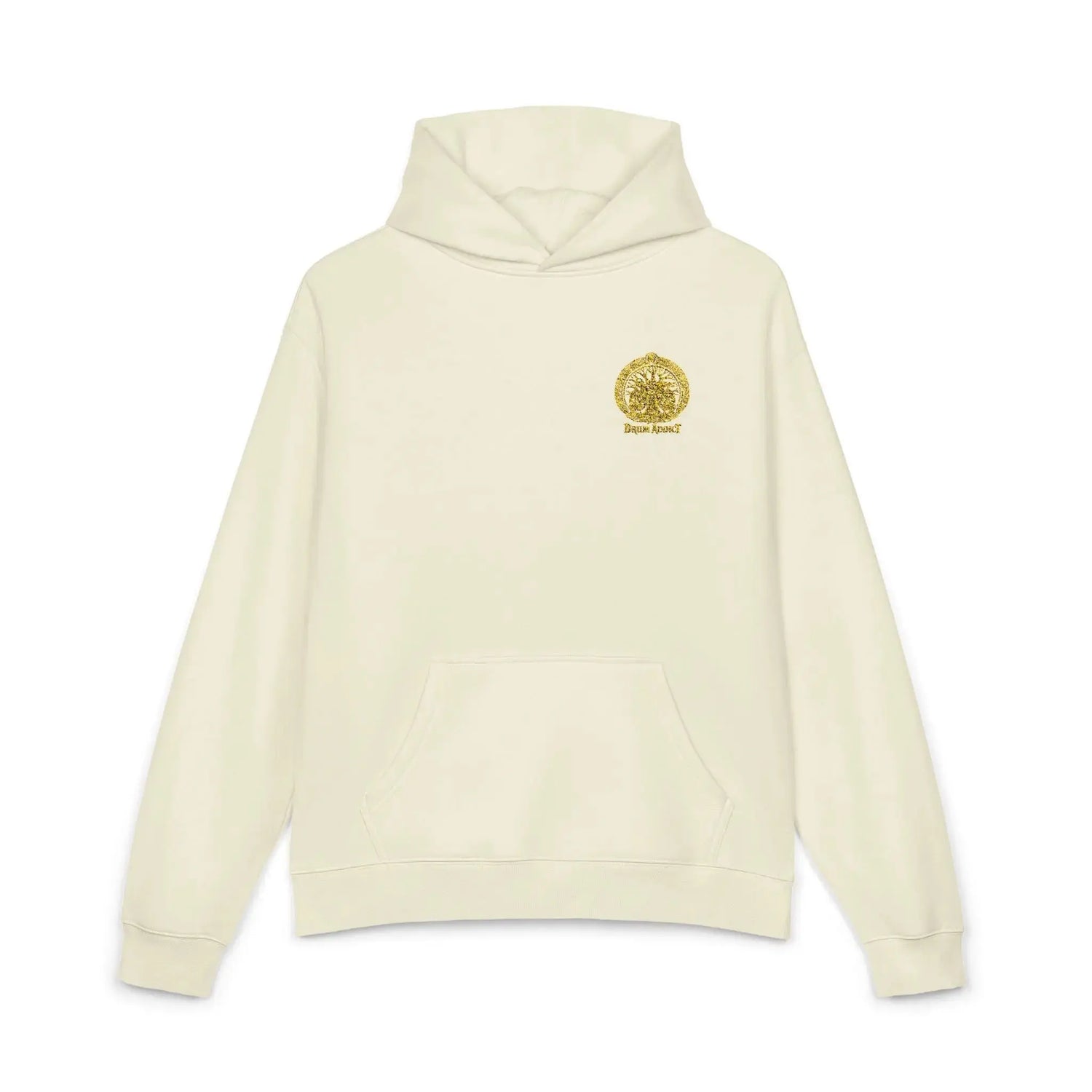 Light gray Dum Addict Logo relaxed hoodie by Printify, showing the front view with a casual fit and printed logo design.