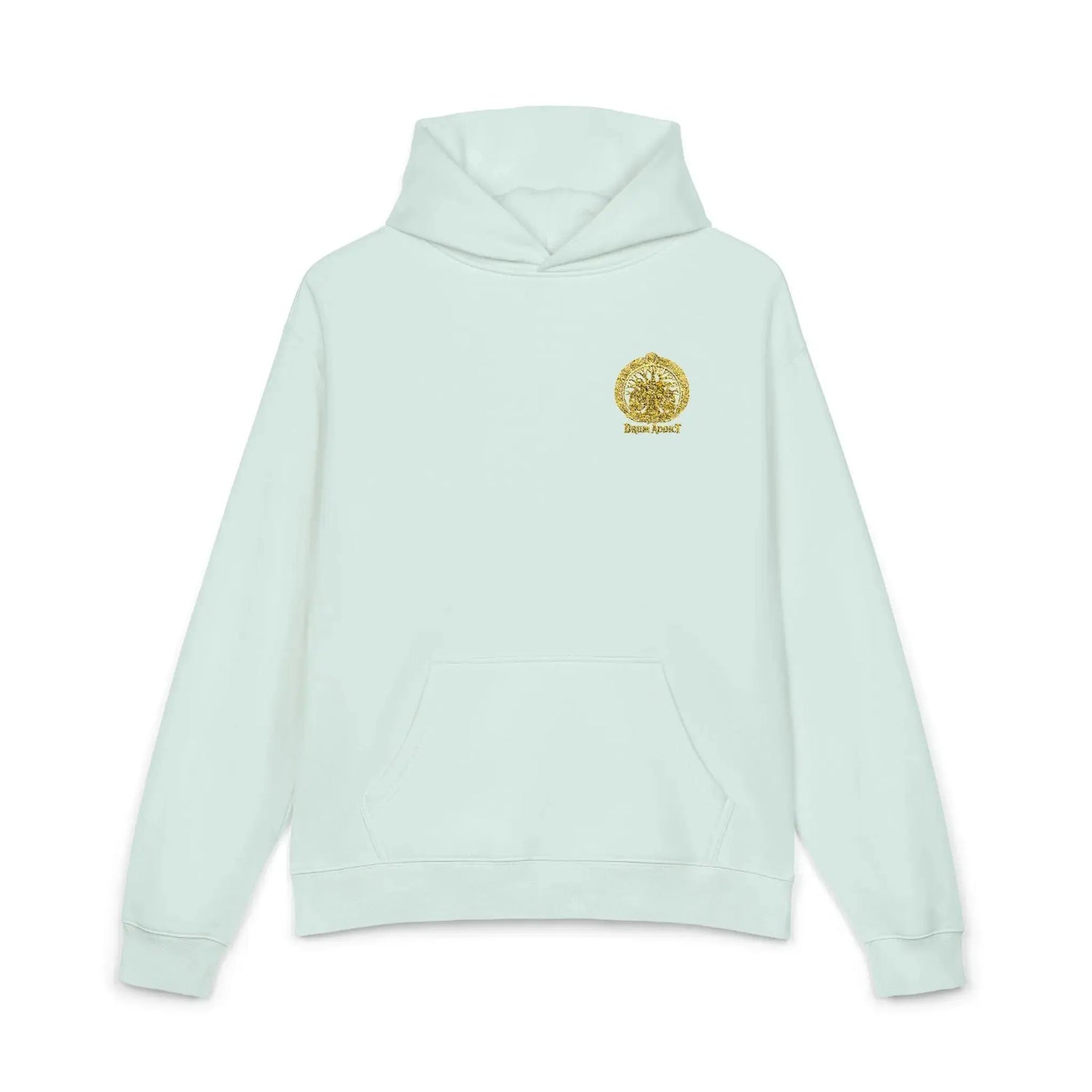 Light gray Dum Addict Logo Relaxed Hoodie by Printify, featuring a casual fit and printed logo design.