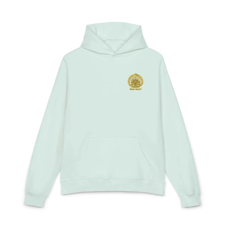 Light gray Dum Addict Logo Relaxed Hoodie by Printify, featuring a casual fit and printed logo design.