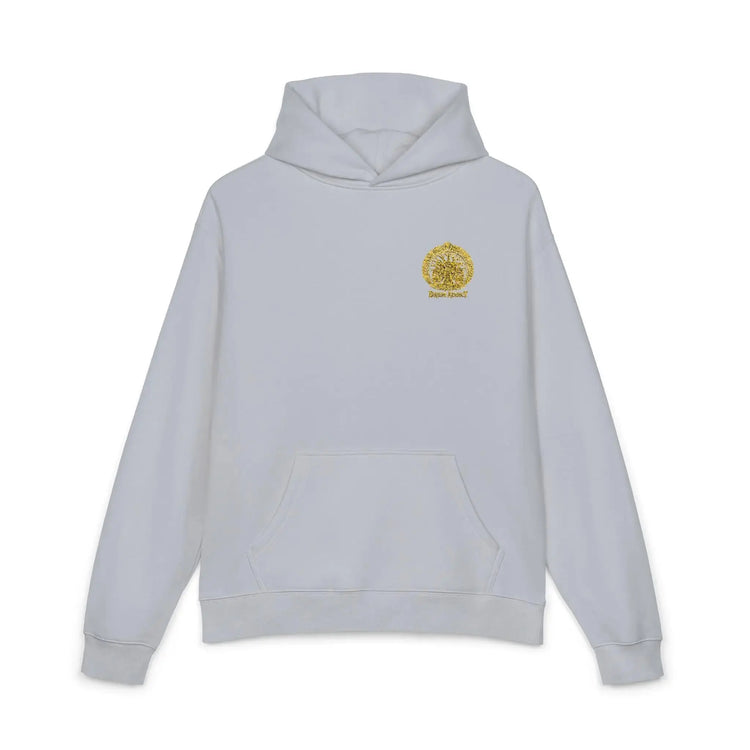 Light gray Dum Addict Logo Relaxed Hoodie from Printify featuring a comfortable fit and printed Dum Addict logo on the front.