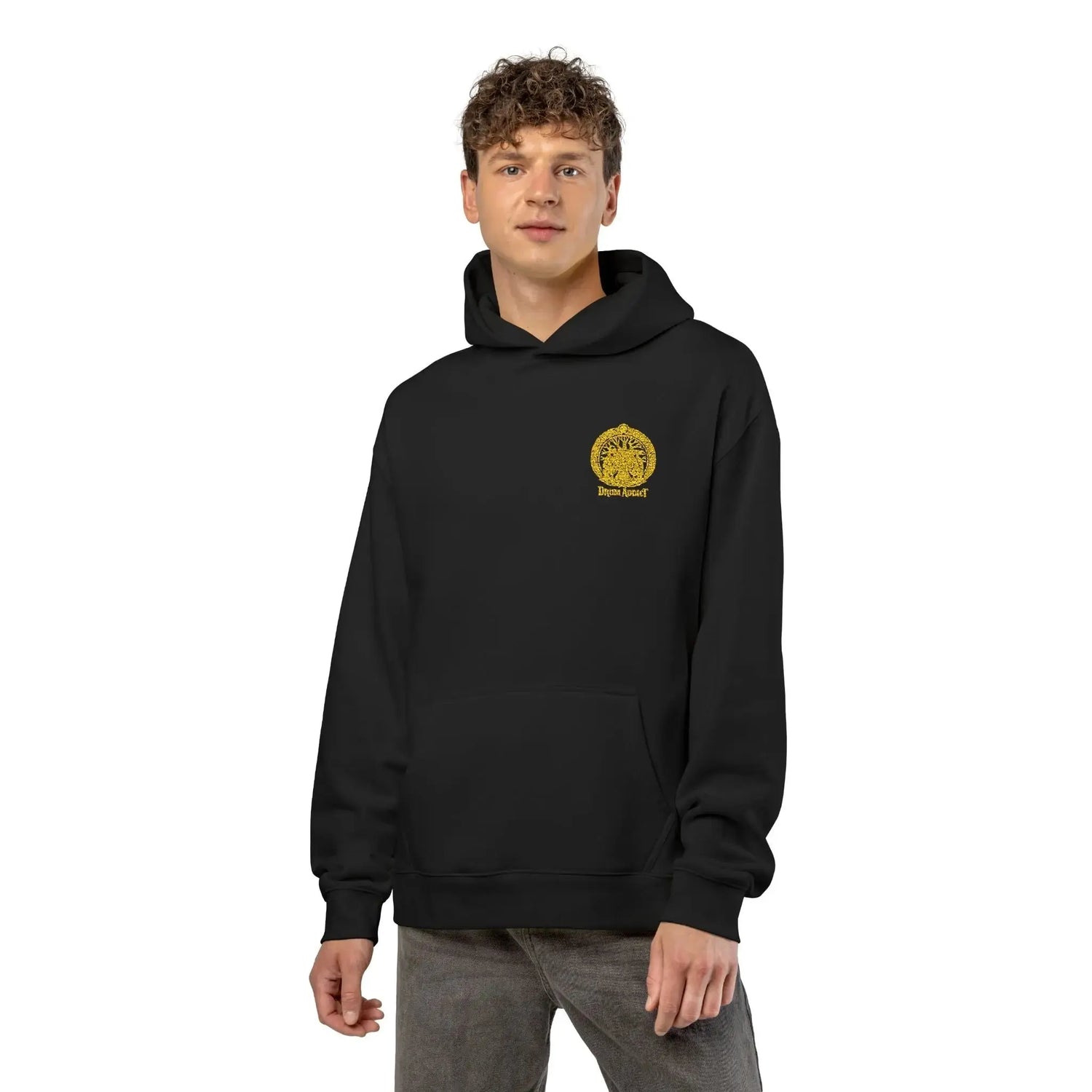 Light gray Dum Addict logo relaxed hoodie by Printify featuring a casual fit and printed logo on the front.