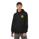 Light gray Dum Addict logo relaxed hoodie by Printify featuring a casual fit and printed logo on the front.