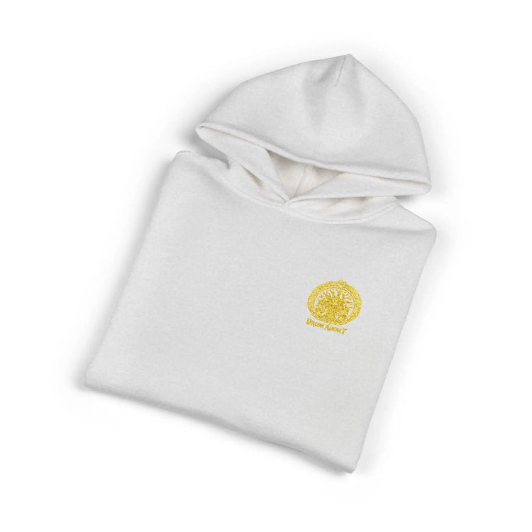 Light gray Dum Addict Logo Relaxed Hoodie by Printify featuring a comfortable fit and printed Dum Addict logo on the front.