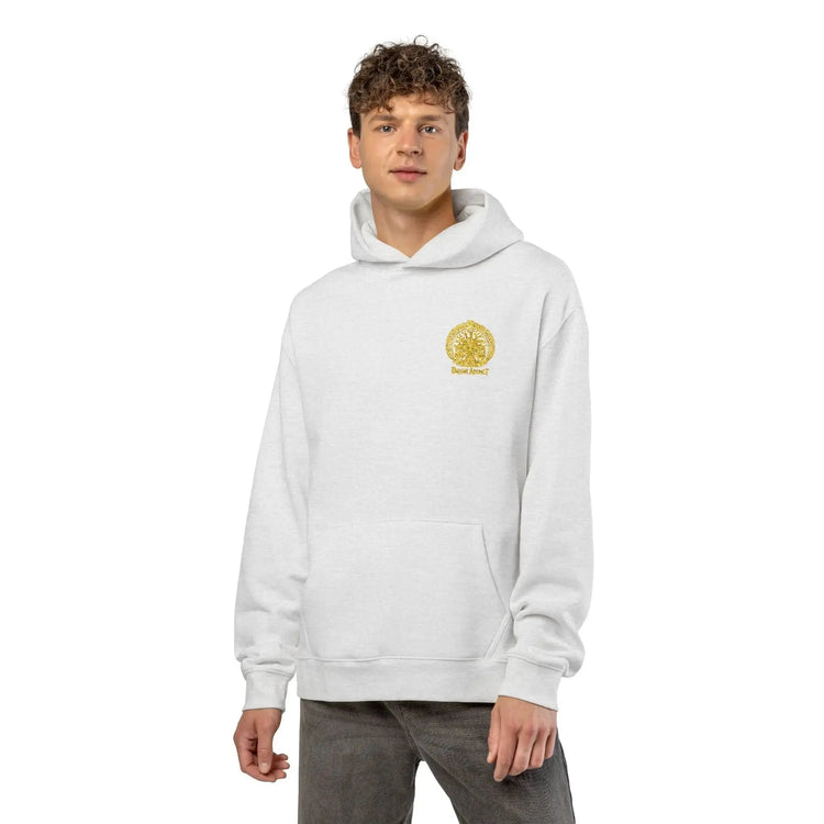Light gray Dum Addict Logo relaxed hoodie by Printify featuring a printed Dum Addict logo on the front.