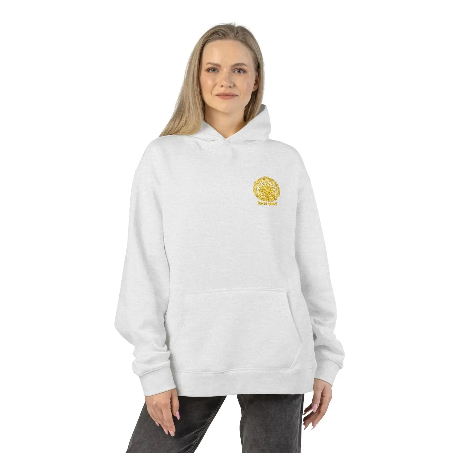 Light gray Dum Addict Logo Relaxed Hoodie from Printify, showcasing a comfortable fit and printed logo on the front.