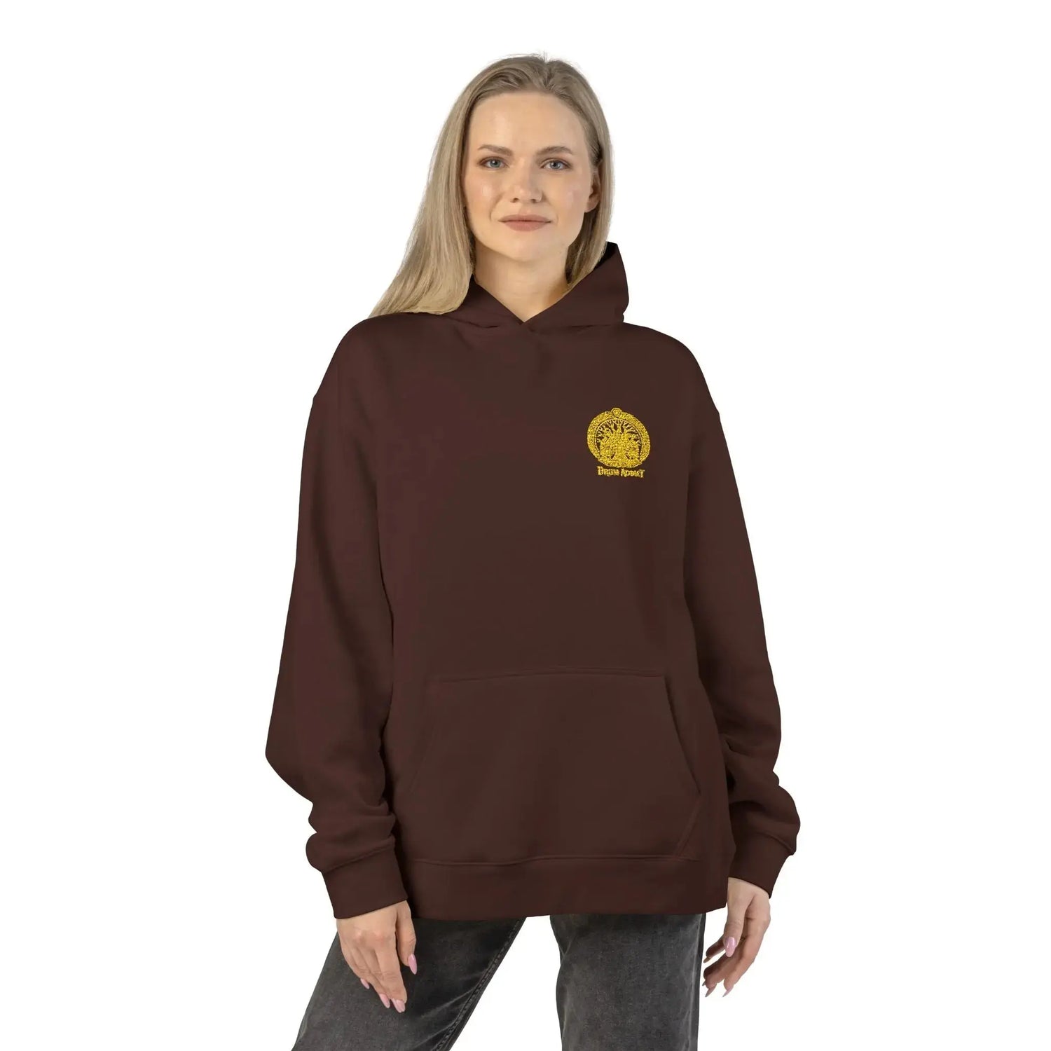 Light gray Dum Addict Logo Relaxed Hoodie by Printify, showcasing a comfortable hoodie with a printed logo on the chest.