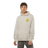 Light heather gray Dum Addict Logo Relaxed Hoodie by Printify, featuring a casual fit and printed Dum Addict logo on the front.