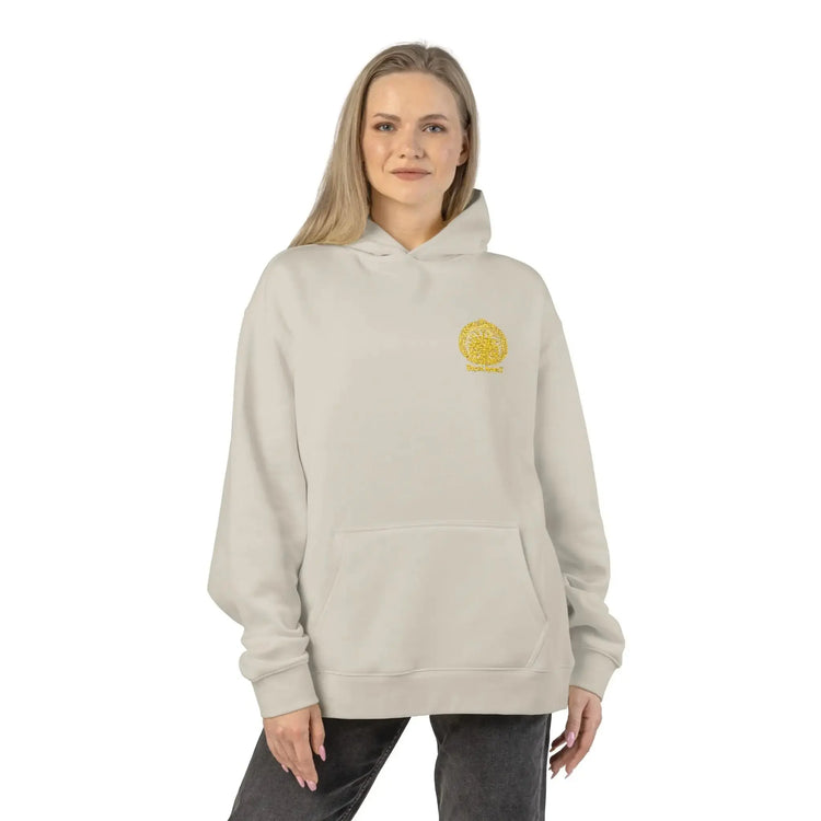 Light gray Dum Addict logo relaxed hoodie by Printify featuring a casual fit and athletic heather fabric.