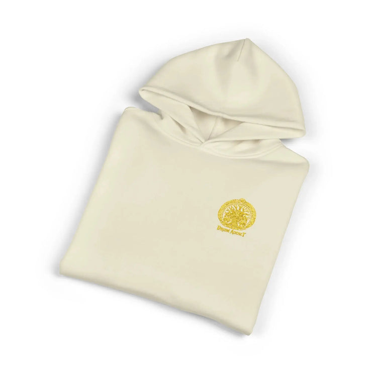Light gray Dum Addict Logo Relaxed Hoodie by Printify featuring a comfortable fit and minimalist design on the front.