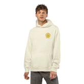 Light heather gray Dum Addict Logo Relaxed Hoodie by Printify, featuring a casual fit and branded logo on the front.