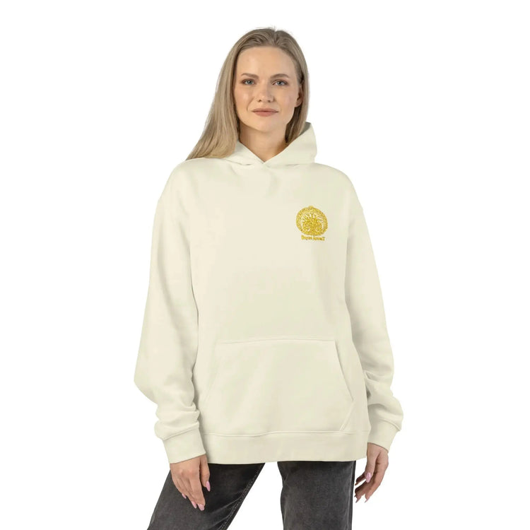 Light heather gray Dum Addict Logo relaxed hoodie by Printify featuring a casual fit and printed Dum Addict logo on front.