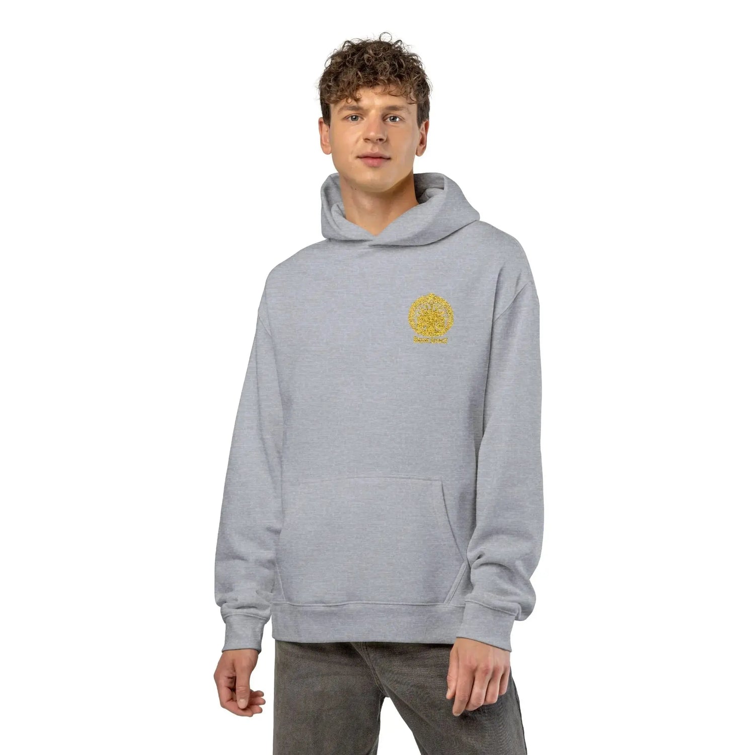 Heather gray Dum Addict Logo Relaxed Hoodie by Printify, featuring a casual fit and printed Dum Addict logo on the front.