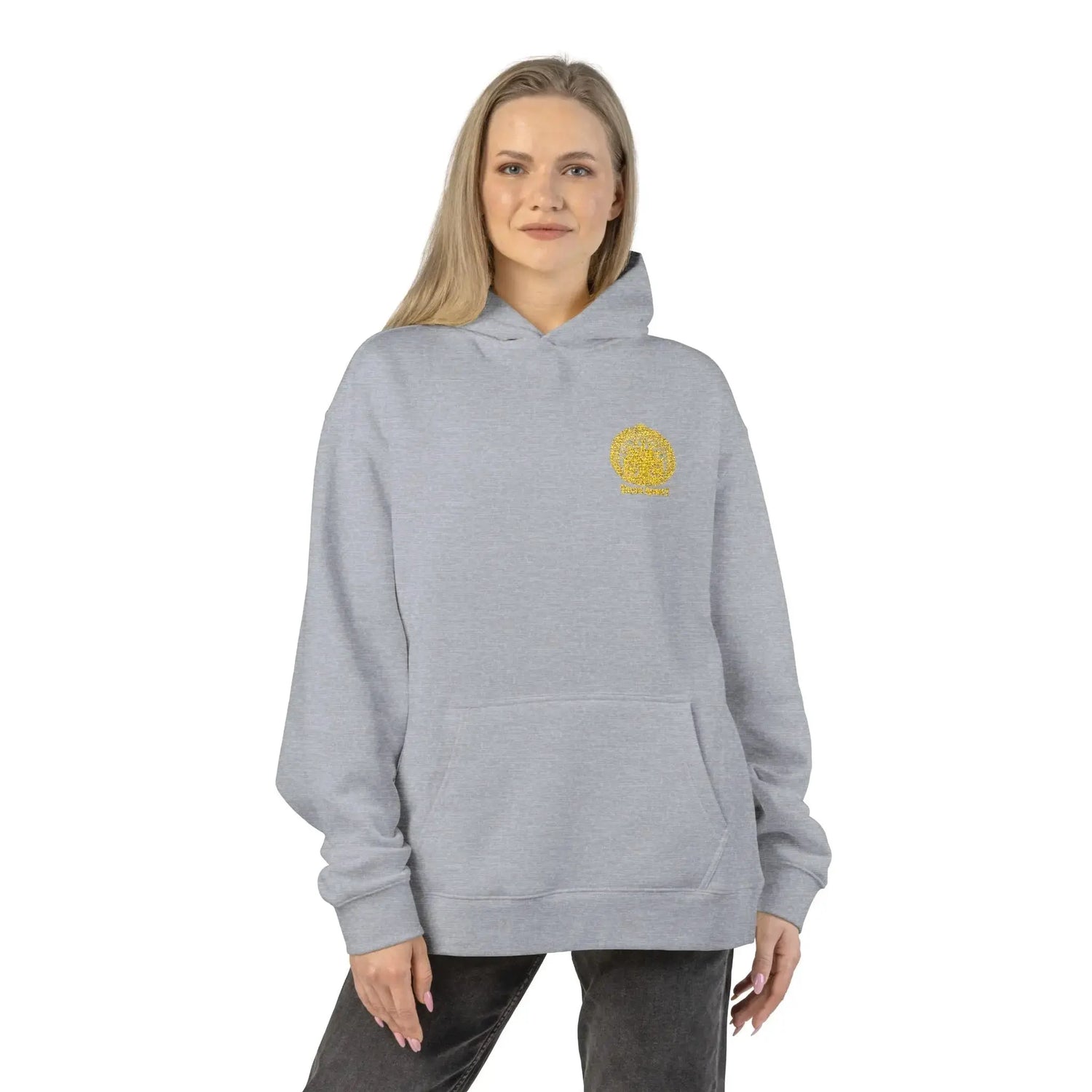 Light gray Dum Addict Logo Relaxed Hoodie by Printify featuring a casual fit and printed Dum Addict logo on the front.