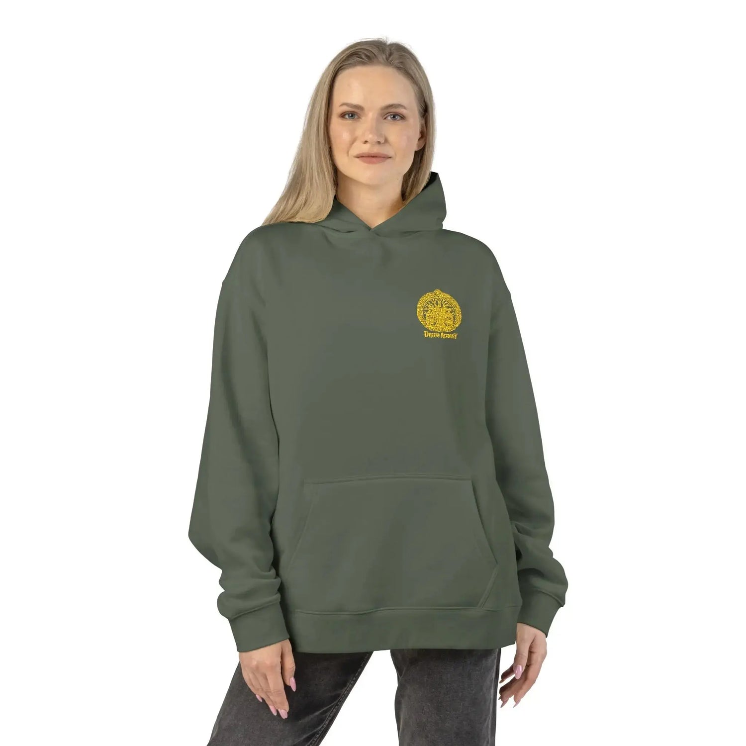 Gray Dum Addict Logo Relaxed Hoodie by Printify, featuring a casual fit and printed Dum Addict logo on the front.