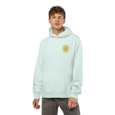 Light heather gray Dum Addict Logo Relaxed Hoodie by Printify, featuring a comfortable fit and printed logo design.