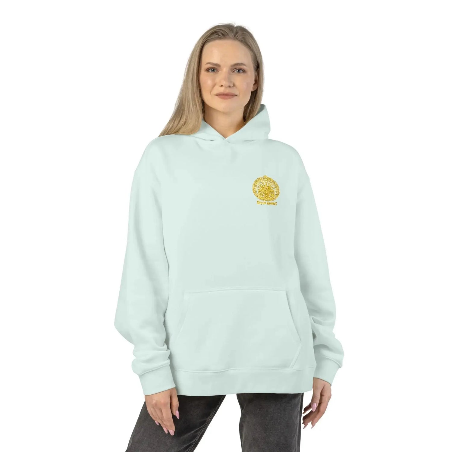Light gray Dum Addict Logo relaxed hoodie from Printify featuring a casual fit and printed Dum Addict logo on the front.