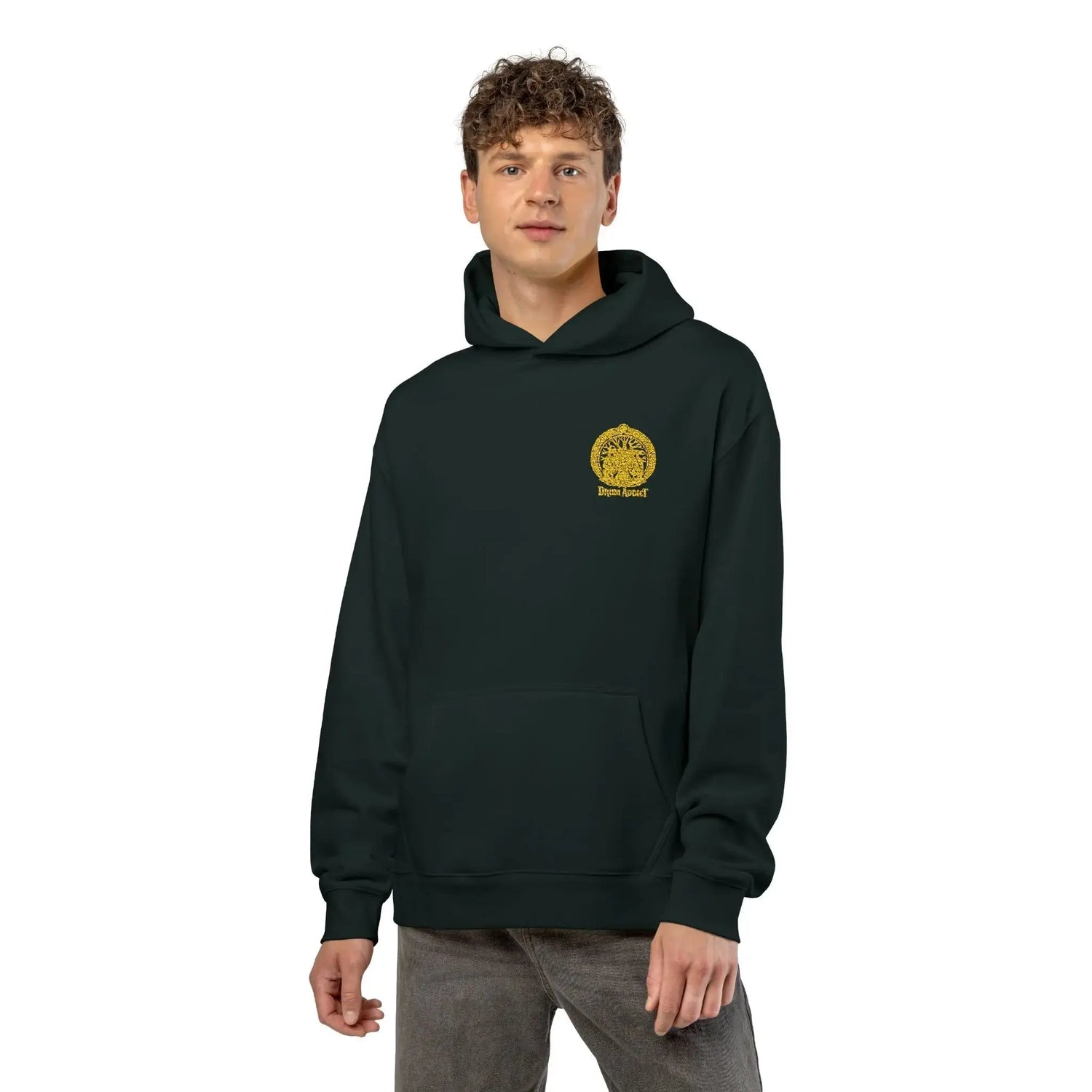 Light gray Dum Addict Logo Relaxed Hoodie by Printify featuring a casual fit and printed Dum Addict logo on the front.