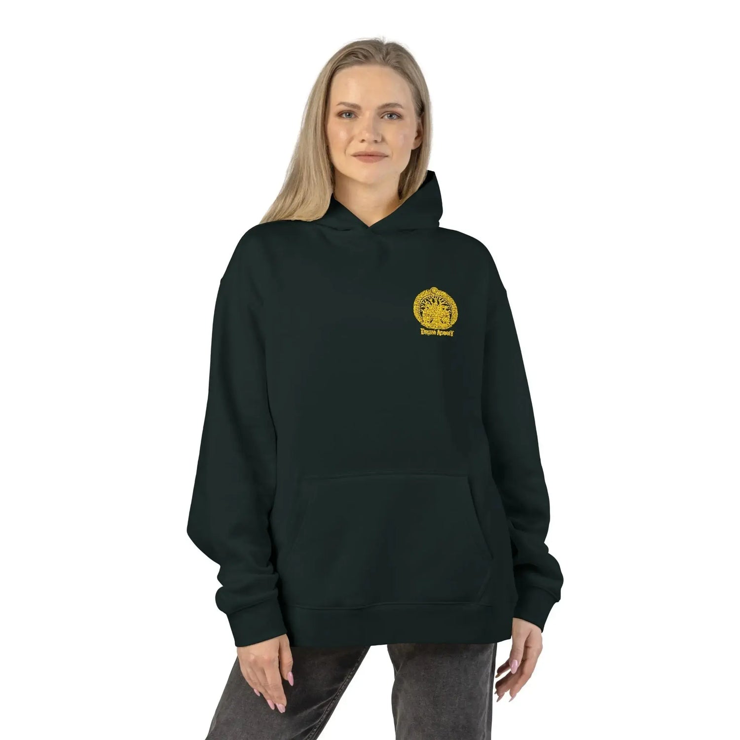 Light gray Dum Addict Logo Relaxed Hoodie by Printify featuring a comfortable fit and casual style, shown on a hanger.