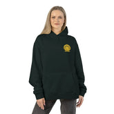Light gray Dum Addict Logo Relaxed Hoodie by Printify featuring a comfortable fit and casual style, shown on a hanger.