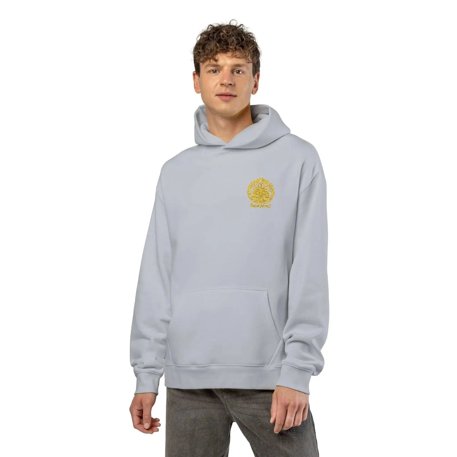 Light gray Dum Addict Logo relaxed hoodie by Printify featuring a casual fit and athletic Heather fabric.