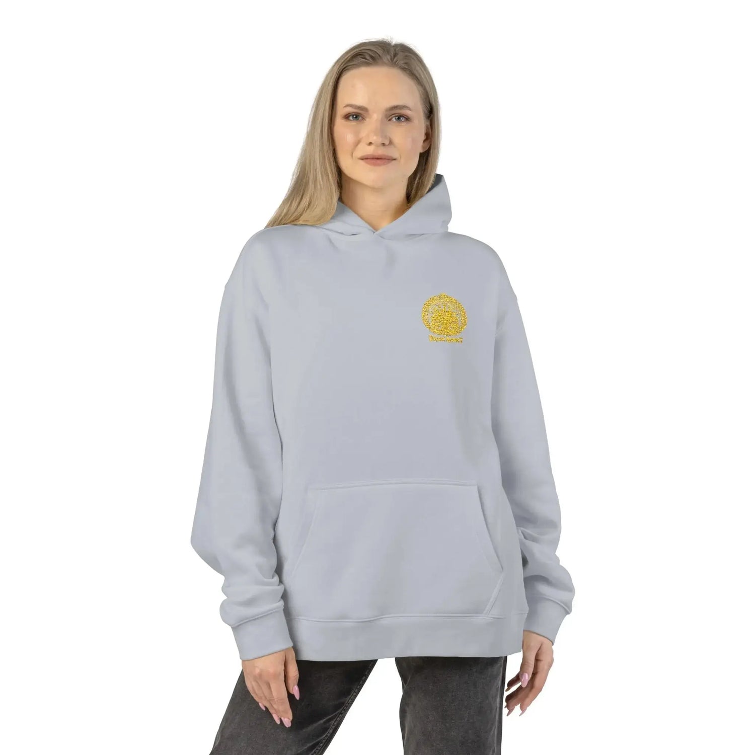 Light heather gray Dum Addict Logo relaxed hoodie by Printify, featuring a minimalist Dum Addict logo on the front.