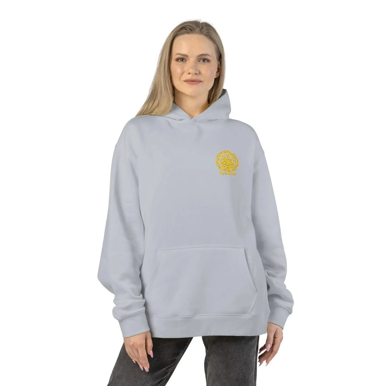 Light heather gray Dum Addict Logo relaxed hoodie by Printify, featuring a minimalist Dum Addict logo on the front.