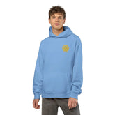 Light gray Dum Addict Logo Relaxed Hoodie by Printify with a casual fit and printed Dum Addict logo on the front.