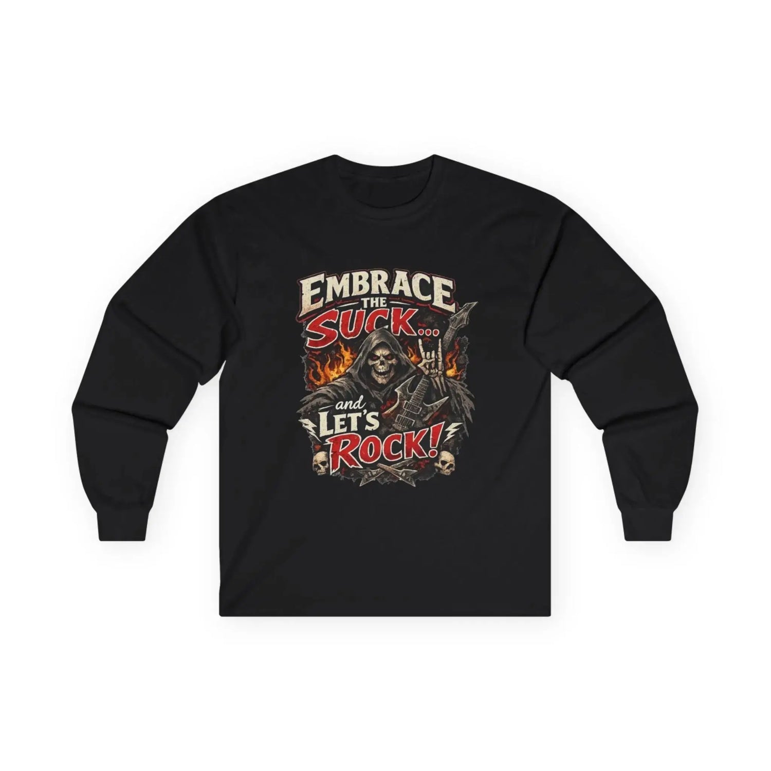Red long-sleeve tee from Printify with "Embrace The Suck" slogan, featuring comfortable fabric and casual fit.