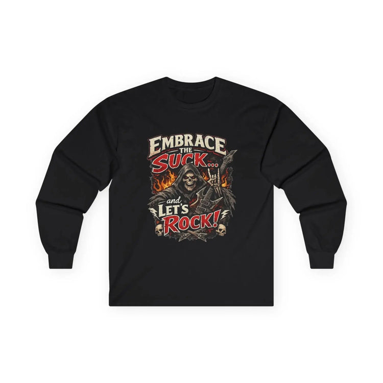 Red long-sleeve tee from Printify with "Embrace The Suck" slogan, featuring comfortable fabric and casual fit.