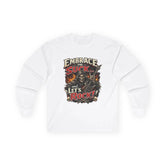 Red Printify Embrace The Suck long sleeve tee featuring bold text on a comfortable long-sleeve shirt.