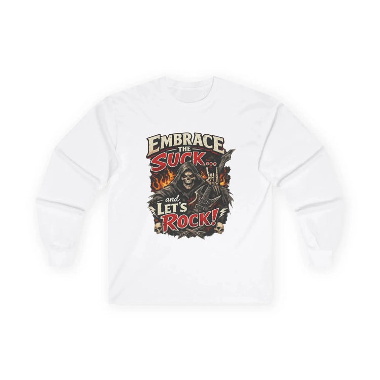 Red Printify Embrace The Suck long sleeve tee featuring bold text on a comfortable long-sleeve shirt.