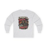 Red Printify long-sleeve T-shirt featuring "Embrace The Suck" slogan on the front, casual and comfortable fit.